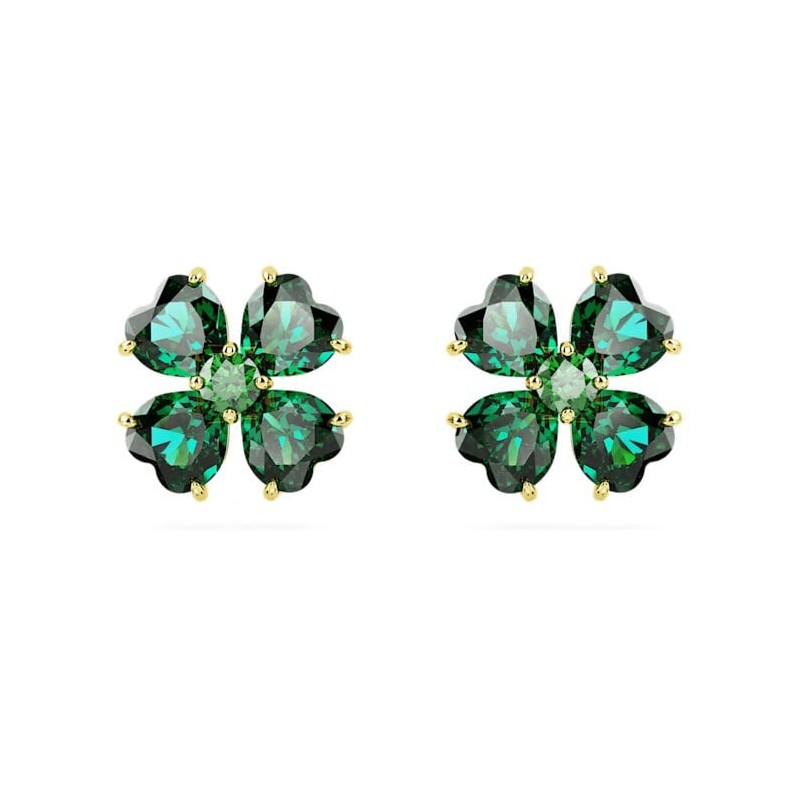 Boucles d'oreilles clous Swarovski  Collection Idyllia en acier doré et cristal vert motif tréfle