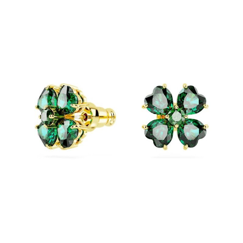 Boucles d'oreilles clous Swarovski  Collection Idyllia en acier doré et cristal vert motif tréfle