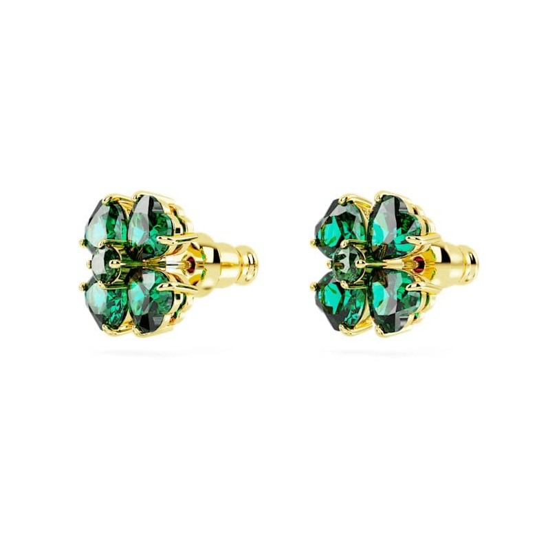 Boucles d'oreilles clous Swarovski  Collection Idyllia en acier doré et cristal vert motif tréfle