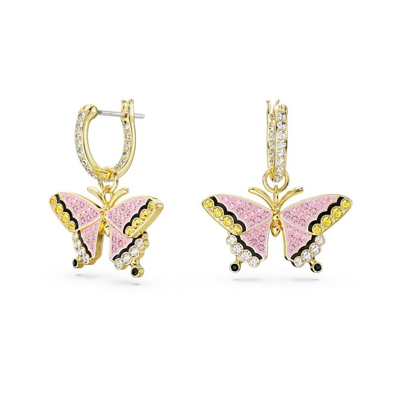 Boucles d'oreilles pendantes Swarovski  Collection Idyllia en acier doré et cristaux multicolores motif papillon