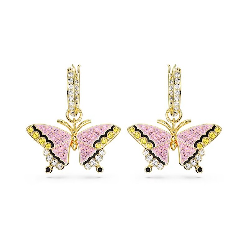 Boucles d'oreilles pendantes Swarovski  Collection Idyllia en acier doré et cristaux multicolores motif papillon