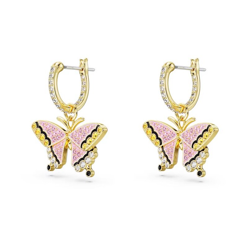 Boucles d'oreilles pendantes Swarovski  Collection Idyllia en acier doré et cristaux multicolores motif papillon