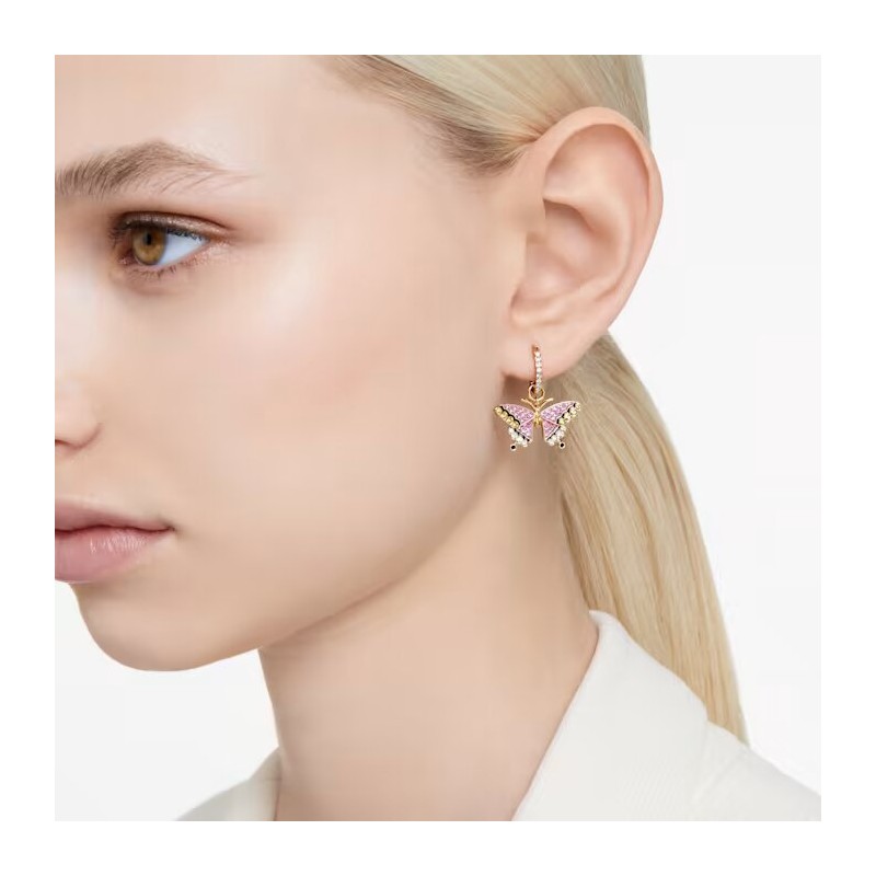 Boucles d'oreilles pendantes Swarovski  Collection Idyllia en acier doré et cristaux multicolores motif papillon