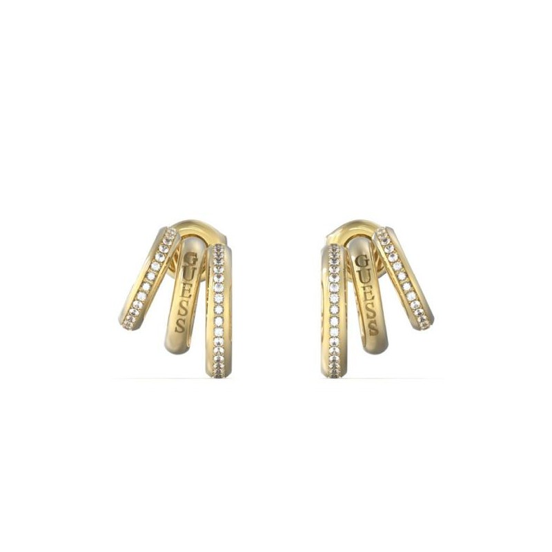 Boucles d'oreilles Femme Guess trois rangs en acier doré avec oxydes de zirconium