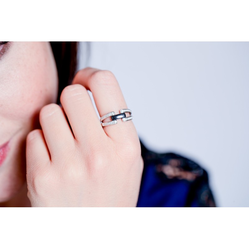 Bague femme  Carador en Argent avec oxydes de zirconium et barrette en céramique noire