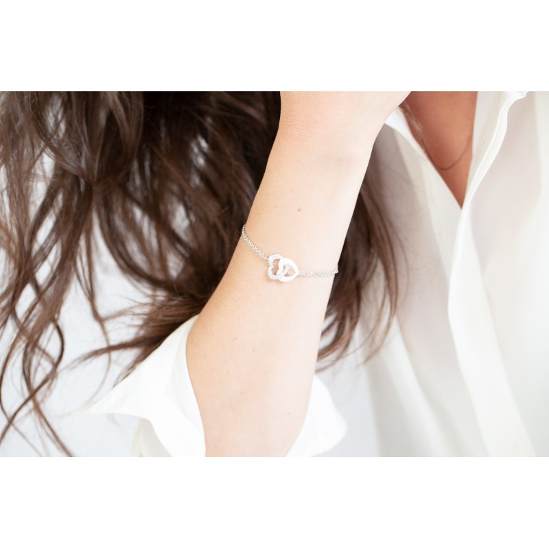 Bracelet femme Carador en  argent double cœur avec oxydes de zirconium et céramique blanche