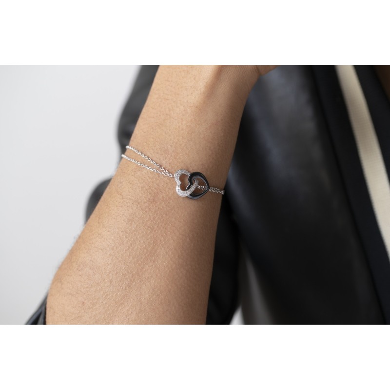 Bracelet femme Carador en argent double cœur avec oxydes de zirconium et céramique noire