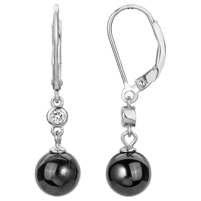 Boucles d'oreilles dormeuses femme carador en argent avec oxyde de zirconium et perle en céramique noire