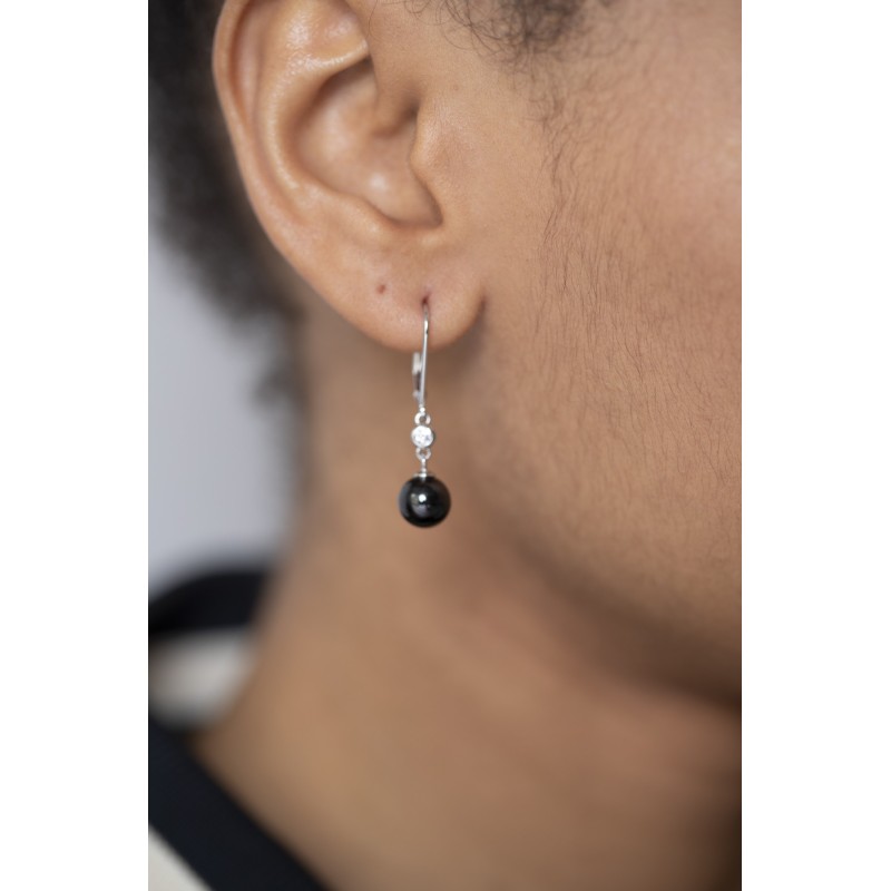 Boucles d'oreilles dormeuses femme carador en argent avec oxyde de zirconium et perle en céramique noire