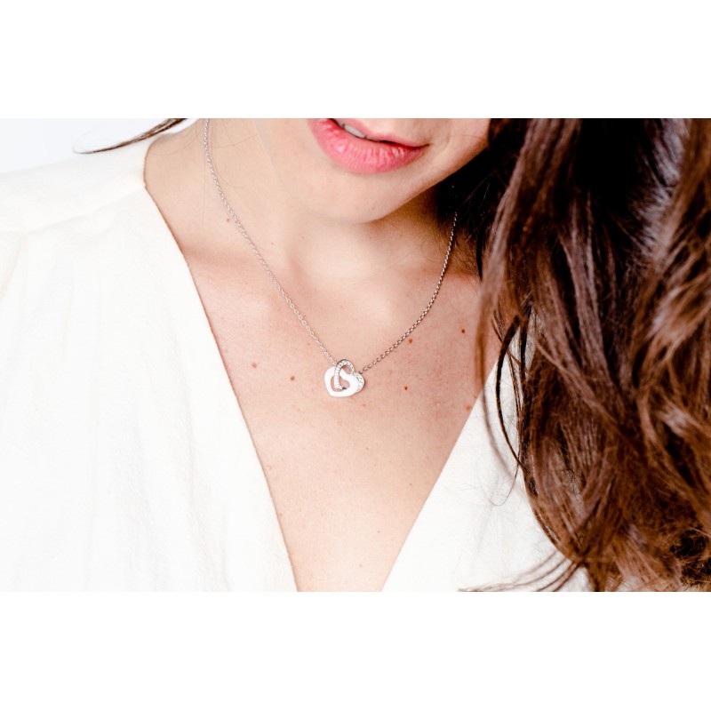 Collier femme carador en argent doubles cœurs avec oxydes de zirconium et céramique blanche