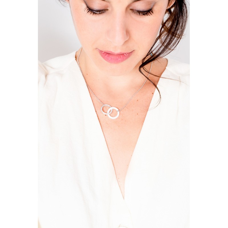 Collier femme carador en argent doubles anneaux avec oxydes de zirconium et céramique blanche