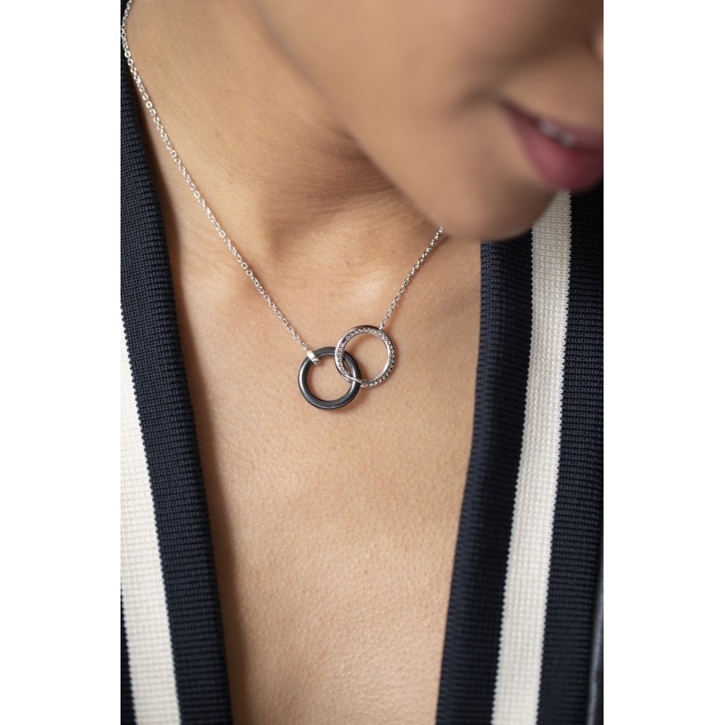 Collier femme carador en argent doubles anneaux avec oxydes de zirconium et céramique noire