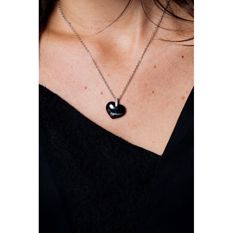 Collier femme carador en argent avec cœur en céramique noire et oxydes de zirconium