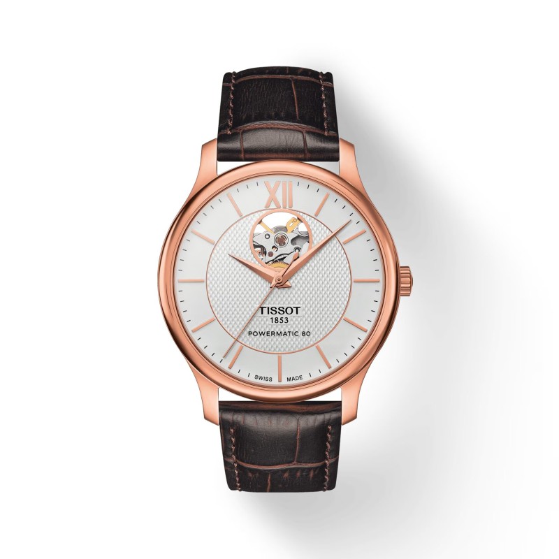 Montre Tissot Tradition powermatic 80 open heart bracelet cuir marron