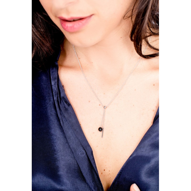 Collier femme carador en argent avec une barrette sertie d'oxydes de zirconium et d'une perle en céramique noire
