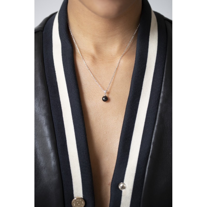 Collier femme carador en argent avec une perle en céramique noire et oxyde de zirconium