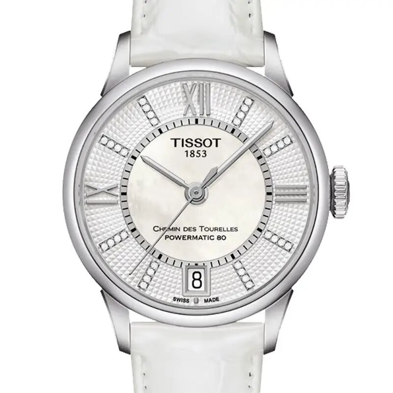 MONTRE FEMME TISSOT CHEMIN DES TOURELLES AUTOMATIQUE BRACELET CUIR BLANC