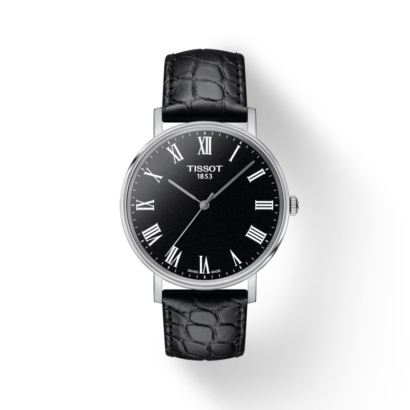 Montre Tissot Everytime  bracelet cuir noir cadran noir