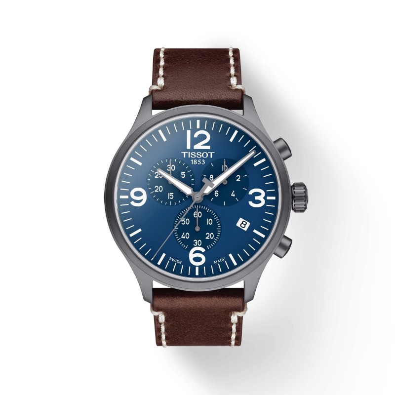 Montre Homme Tissot Chrono XL bracelet cuir marron cadran bleu