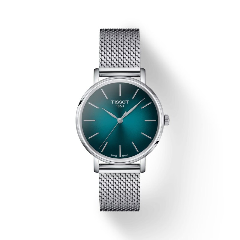 Montre femme Tissot everytime 34MM bracelet milanais cadran vert bleu