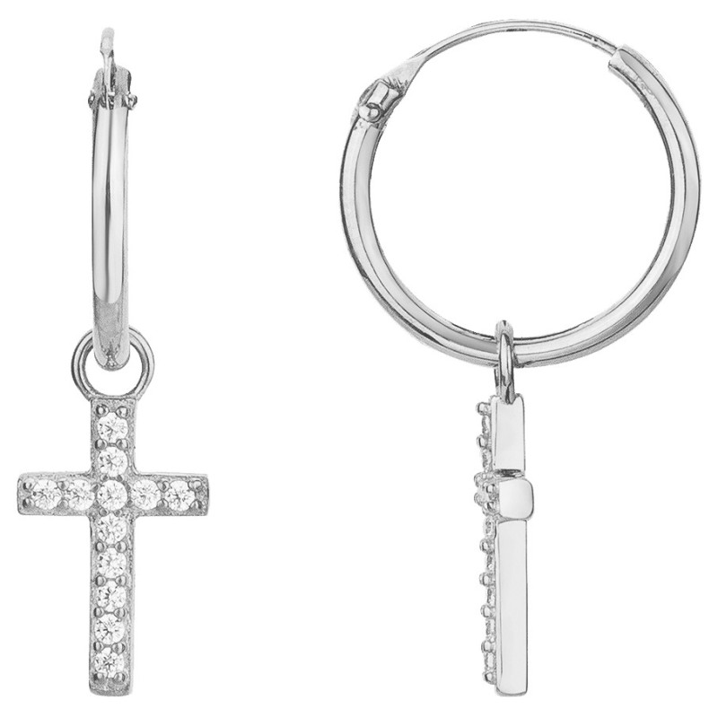 Boucles d'oreilles créoles femme carador en argent avec une croix suspendue et oxydes de zirconium