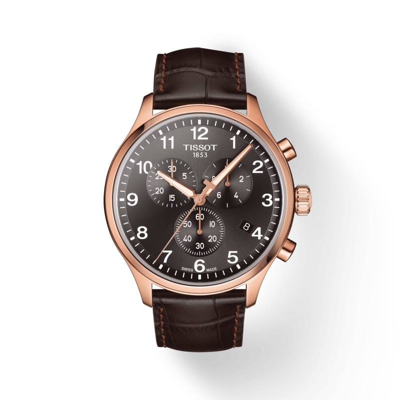 Montre Homme Tissot Chrono XL Classic  bracelet cuir marron boitier doré rose
