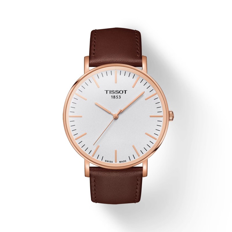 Montre Tissot Everytime 42MM bracelet cuir marron boitier doré rose