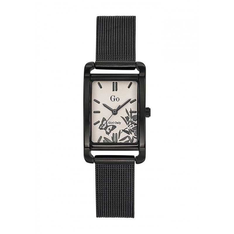 MONTRE GO GIRL ONLY BRACELET MILANAIS NOIR CADRAN ROSE MOTIF PAPILLON BOITIER RECTANGLE