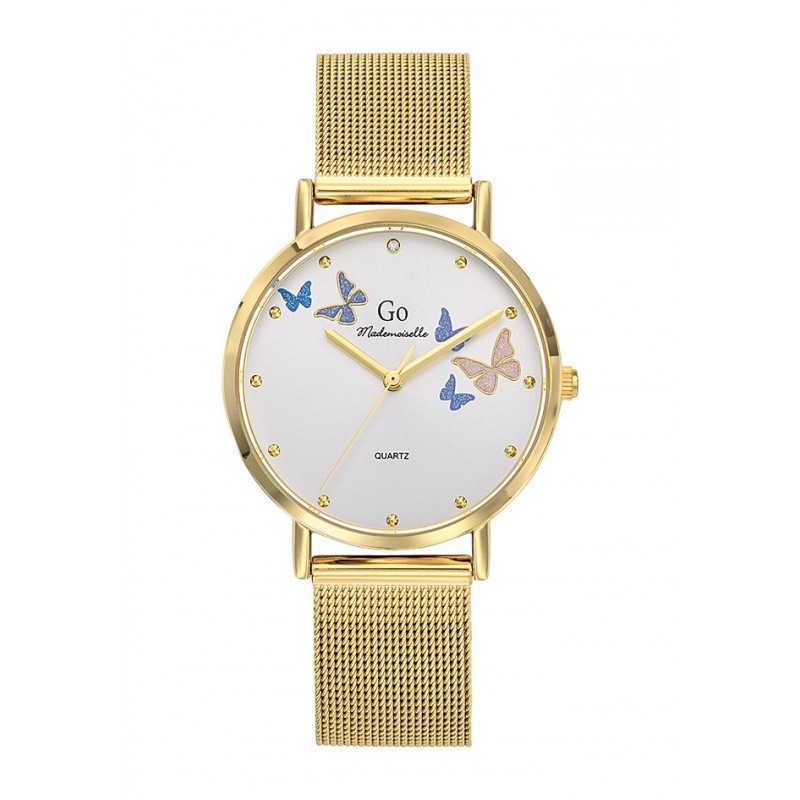 MONTRE GO GIRL ONLY BRACELET MILANAIS DORE CADRAN GRIS ARGENTE AVEC PAPILLONS COLORES