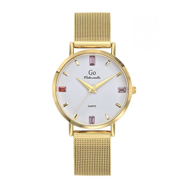 MONTRE GO GIRL ONLY BRACELET MILANAIS DORE CADRAN GRIS ARGENTE AVEC INDEX PIERRES COLOREES