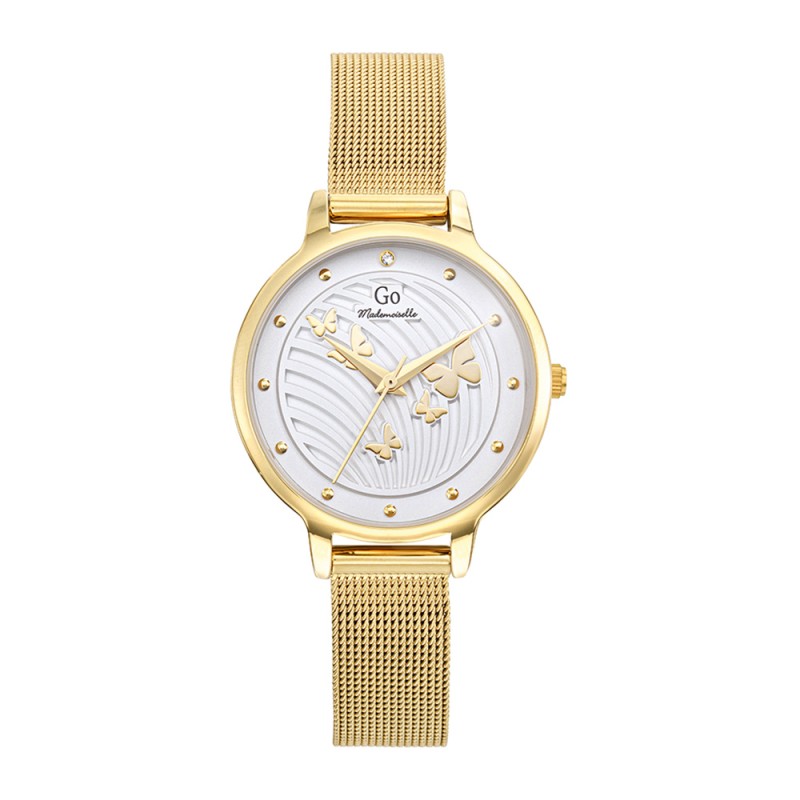 MONTRE GO GIRL ONLY BRACELET MILANAIS DORE  CADRAN BLANC AVEC PAPILLONS DORES