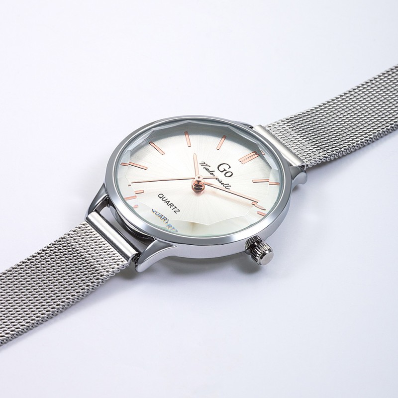 MONTRE GO GIRL ONLY BRACELET MILANAIS ARGENTE CADRAN ARGENTE INDEX DORE ROSE