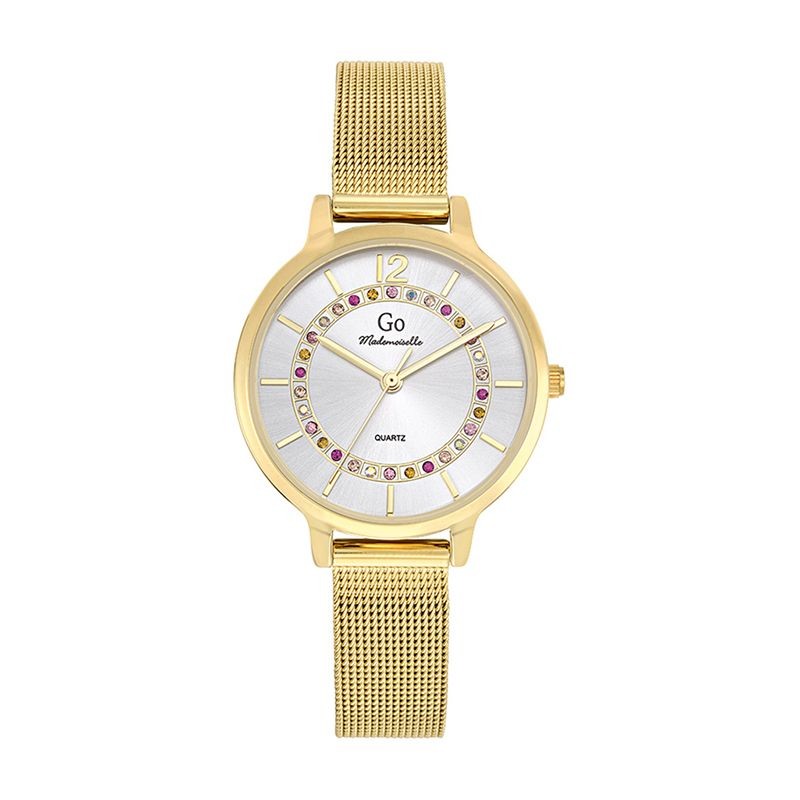 MONTRE GO GIRL ONLY BRACELET MILANAIS DORE CADRAN ARGENTE AVEC STRASS MULTICOLORES