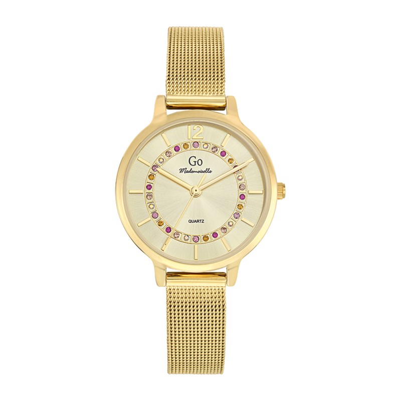 MONTRE GO GIRL ONLY BRACELET MILANAIS DORE CADRAN DORE CHAMPAGNE AVEC STRASS MULTICOLORES