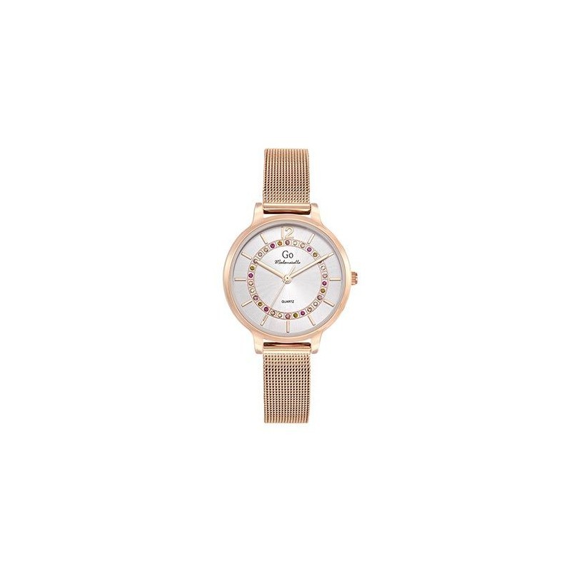 MONTRE GO GIRL ONLY BRACELET MILANAIS DORE ROSE CADRAN ARGENTE AVEC STRASS MULTICOLORES