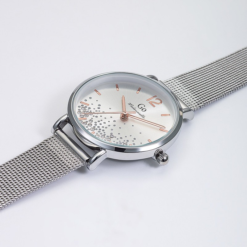 MONTRE GO GIRL ONLY BRACELET MILANAIS ARGENTE CADRAN ARGENTE AVEC STRASS ET INDEX DORE ROSE