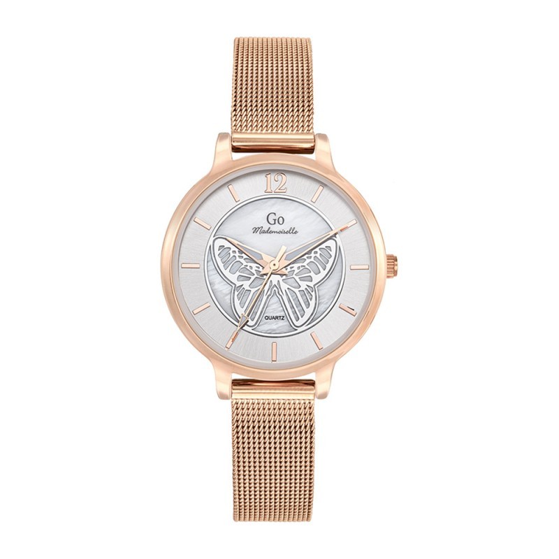 MONTRE GO GIRL ONLY BRACELET MILANAIS DORE ROSE CADRAN ARGENTE  PAPILLON