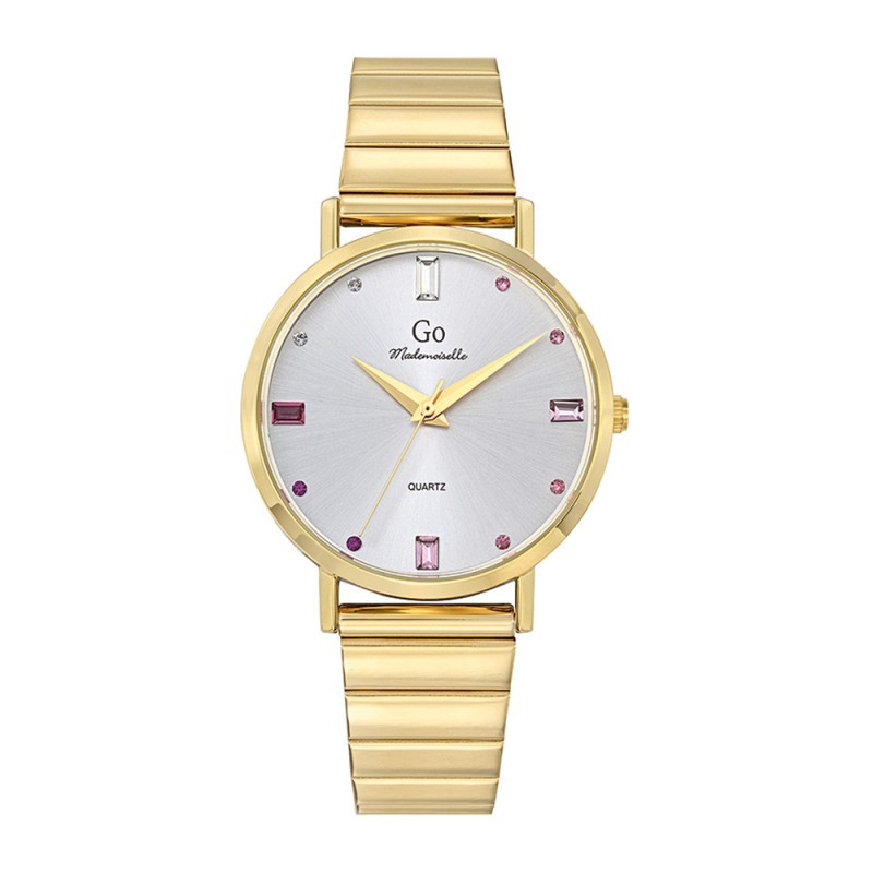 MONTRE GO GIRL ONLY BRACELET ACIER DORE CADRAN ARGENTE AVEC STRASS MULTICOLORES