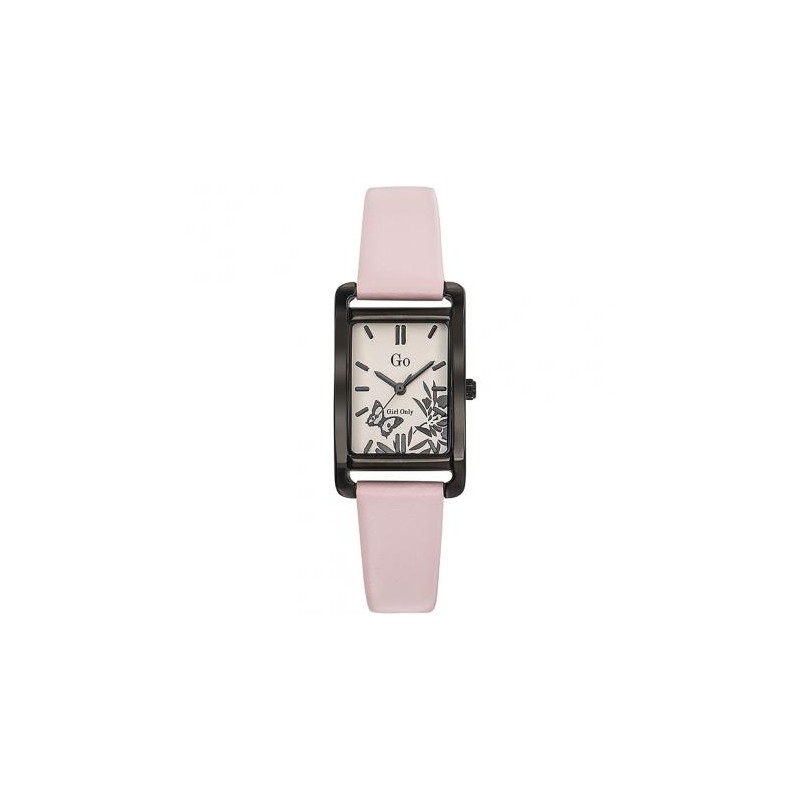MONTRE GO GIRL ONLY BRACELET CUIR ROSE BOITIER RECTANGLE NOIR CADRAN PAPILLONS