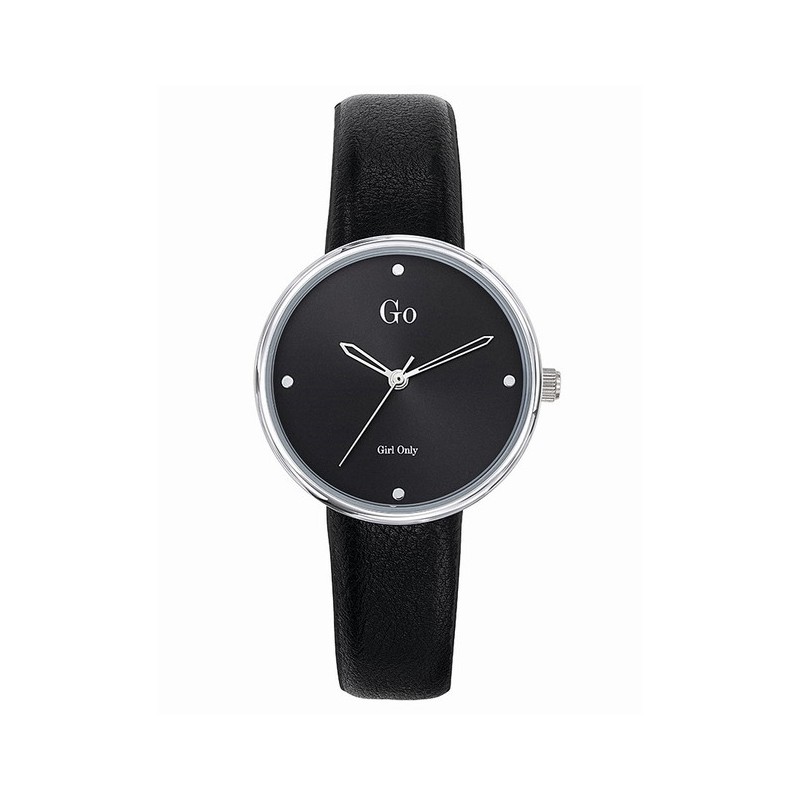 MONTRE GO GIRL ONLY BRACELET CUIR NOIR BOITIER ROND ARGENTE CADRAN NOIR