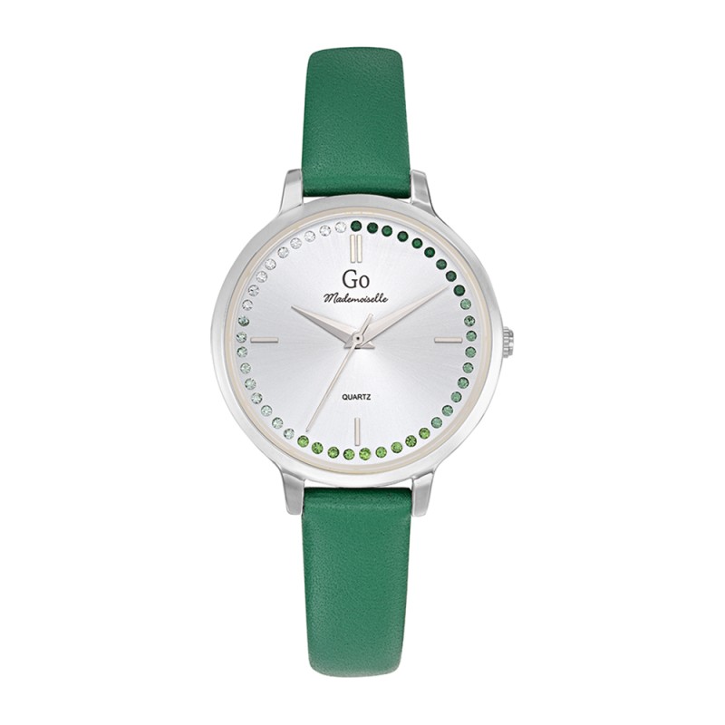 MONTRE GO GIRL ONLY BRACELET CUIR VERT CADRAN ARGENTE AVEC STRASS VERTS