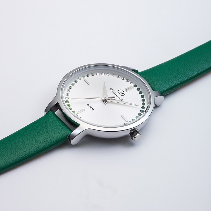 MONTRE GO GIRL ONLY BRACELET CUIR VERT CADRAN ARGENTE AVEC STRASS VERTS