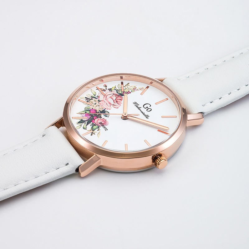 MONTRE GO GIRL ONLY BRACELET CUIR BLANC CADRAN BLANC AVEC FLEURS