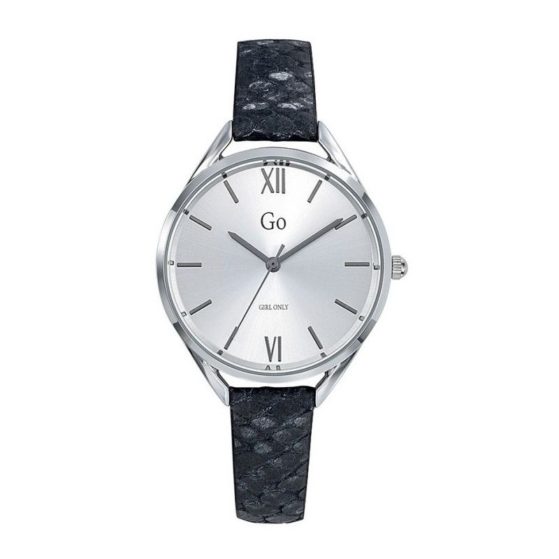 MONTRE GO GIRL ONLY BRACELET CUIR NOIR EFFET PEAU DE SERPENT CADRAN ARGENTE
