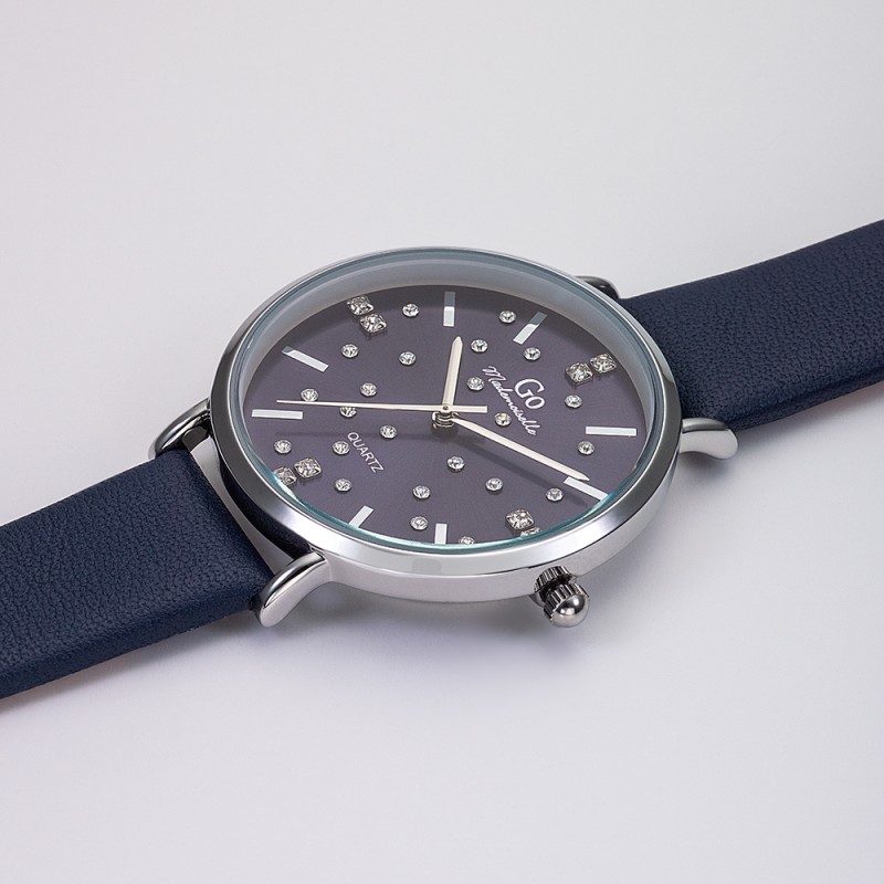 MONTRE GO GIRL ONLY BRACELET CUIR BLEU CADRAN BLEUC AVEC STRASS