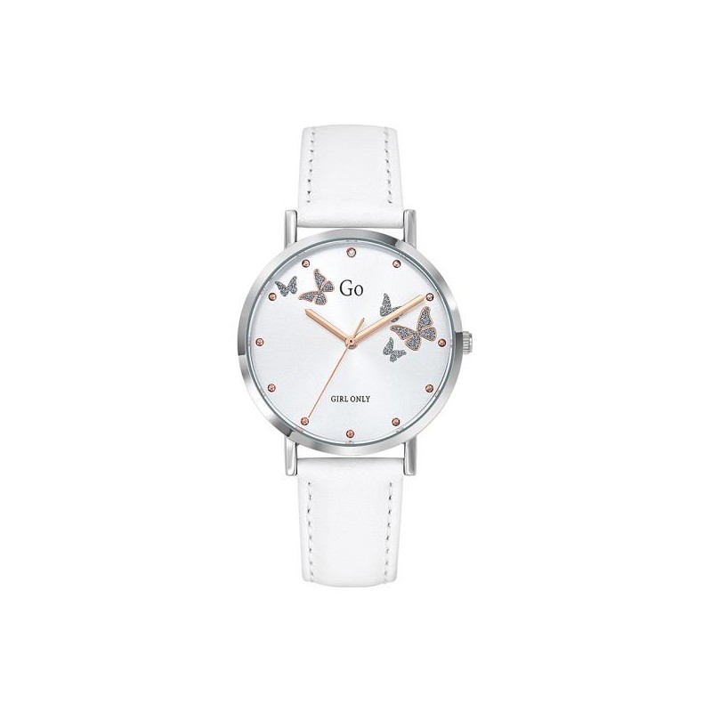 MONTRE GO GIRL ONLY BRACELET CUIR BLANC BOITIER ARGENTE CADRAN BLANC AVEC PAPILLONS ARGENTES