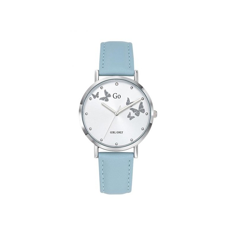 MONTRE GO GIRL ONLY BRACELET CUIR BLEU PASTEL BOITIER ARGENTE CADRAN BLANC AVEC PAPILLONS ARGENTES