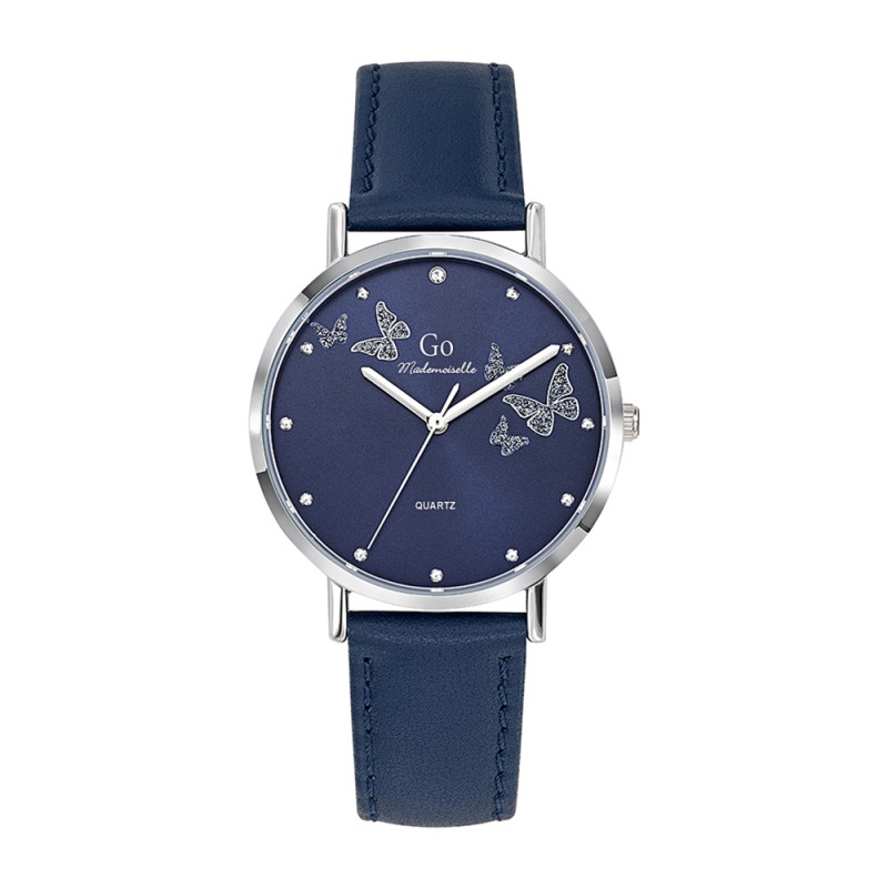 MONTRE GO GIRL ONLY BRACELET CUIR BLEU MARINE BOITIER ARGENTE CADRAN BLEU MARINE AVEC PAPILLONS ARGENTES