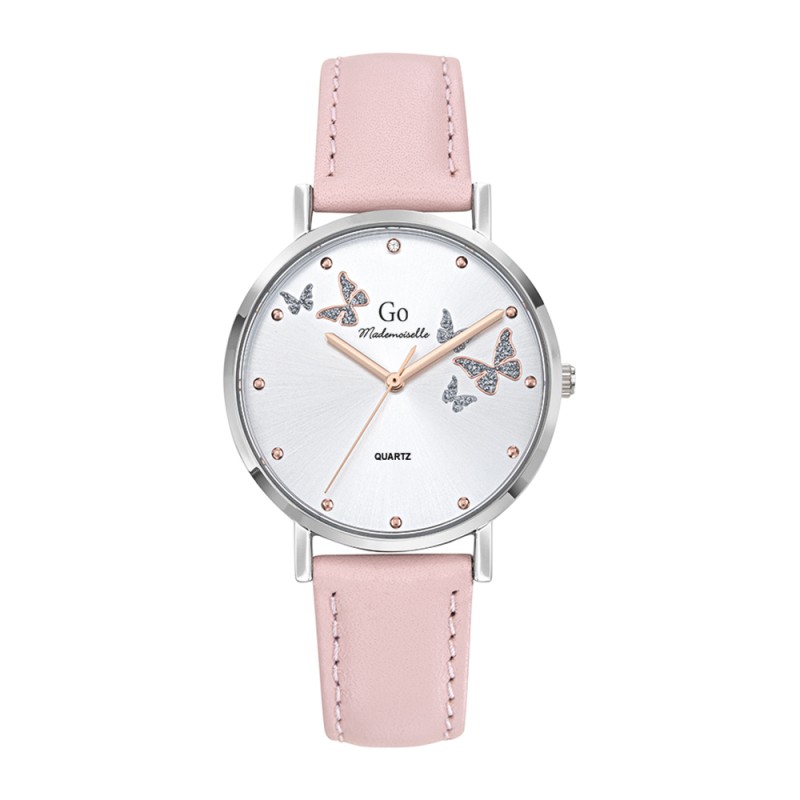 MONTRE GO GIRL ONLY BRACELET CUIR ROSE PASTEL BOITIER ARGENTE CADRAN GRIS ARGENTE AVEC PAPILLONS ARGENTES