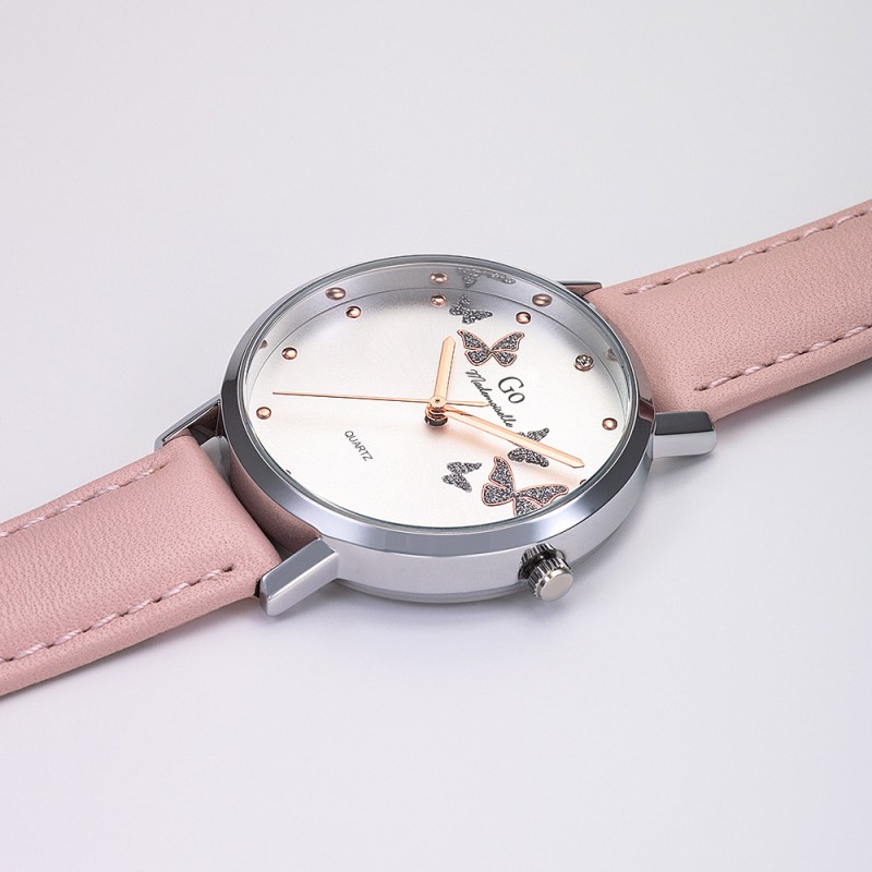 MONTRE GO GIRL ONLY BRACELET CUIR ROSE PASTEL BOITIER ARGENTE CADRAN GRIS ARGENTE AVEC PAPILLONS ARGENTES